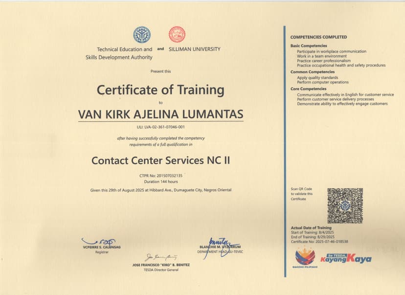 Contact Center Services NC II - Certificate of Training certificate