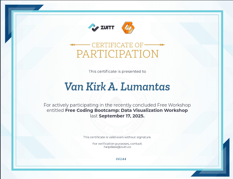 Data Visualization Workshop certificate